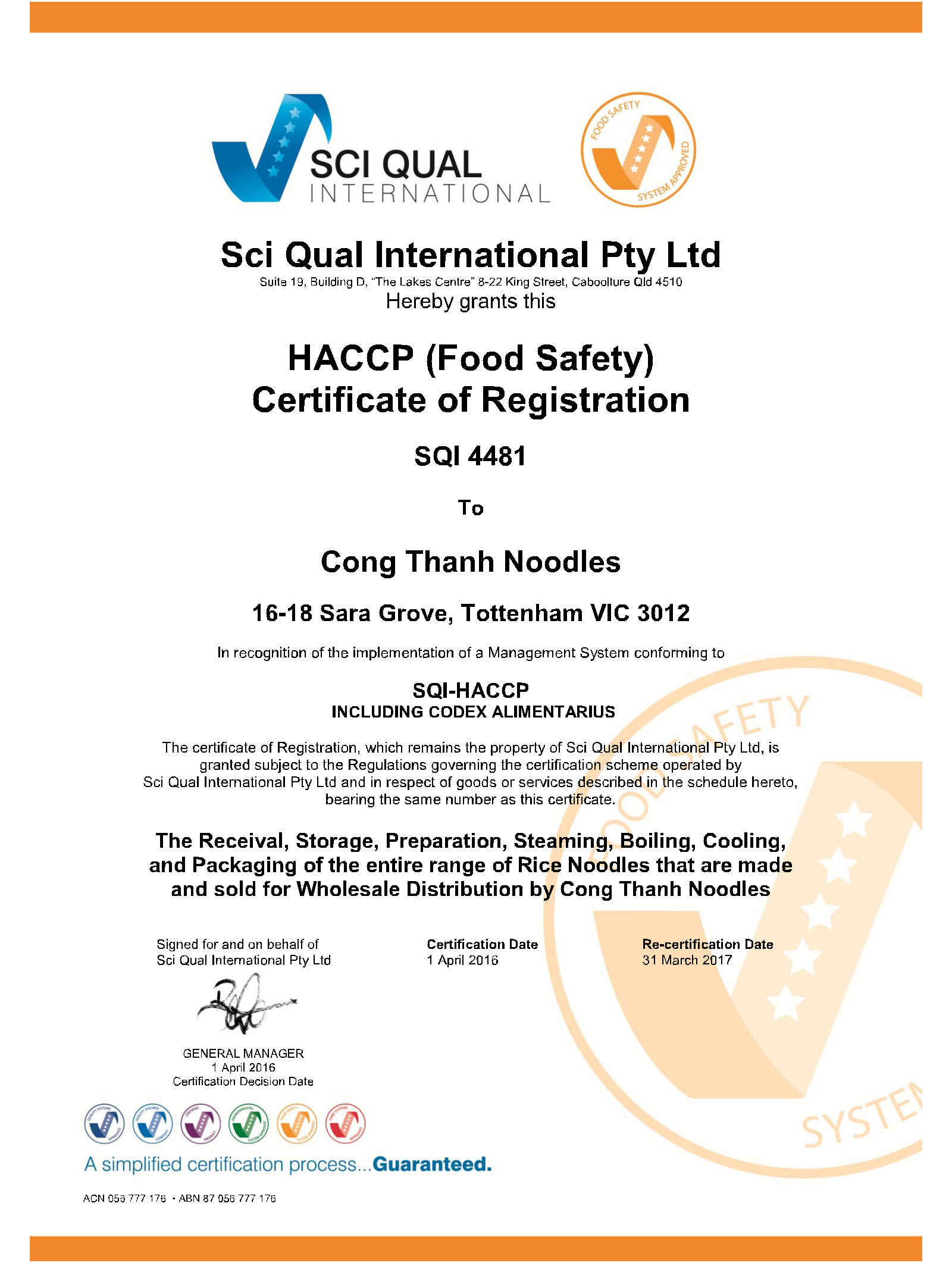 CongThanh Noodles Certificate - HACCP